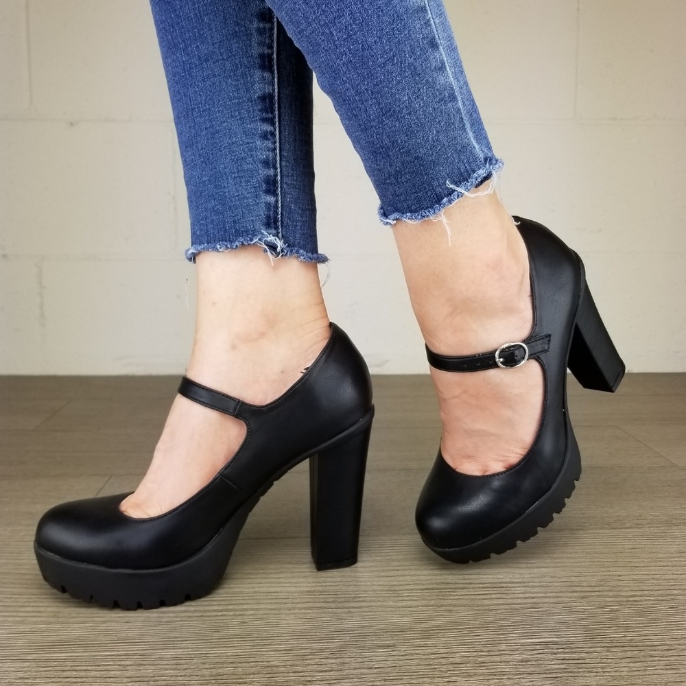 Rockabilly Chunky Platform Heels Faux Leather - Picture 6 of 8